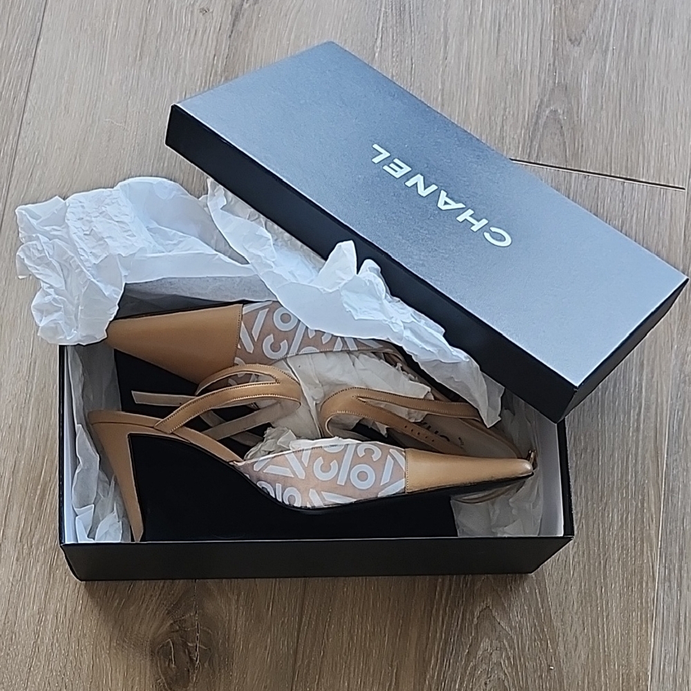 CHANEL Beige and Black Wedge Heels